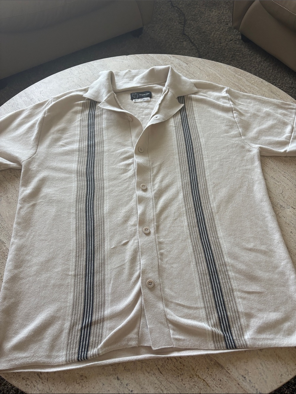 Original Use Ivory Short-Sleeve Button-Down Shirt with Black Stripe